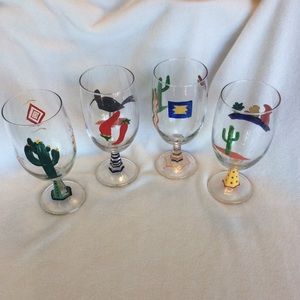 hand-painted set of 4 Southwest inspired large wine/water glasses. Whimsical euc